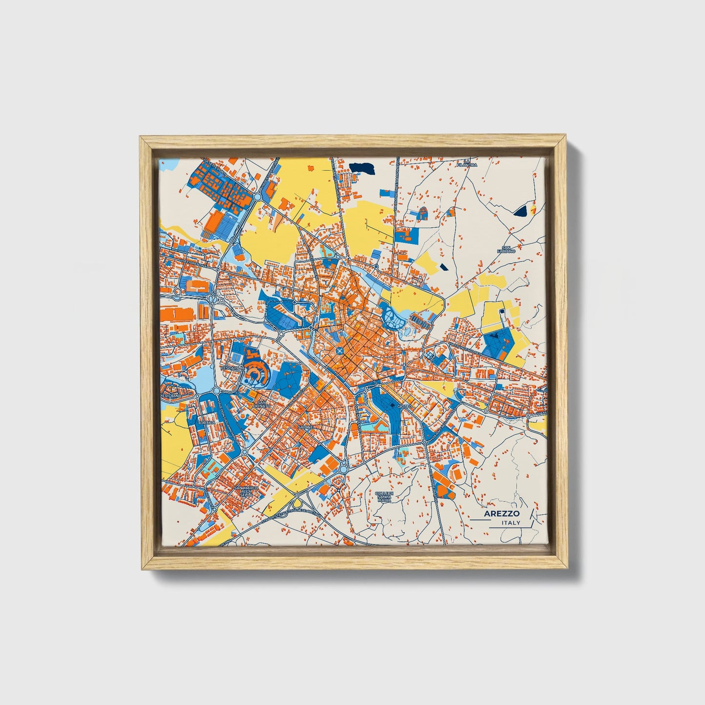 Arezzo Italy Colorful City Map Canvas Print • Natural Wooden Framed