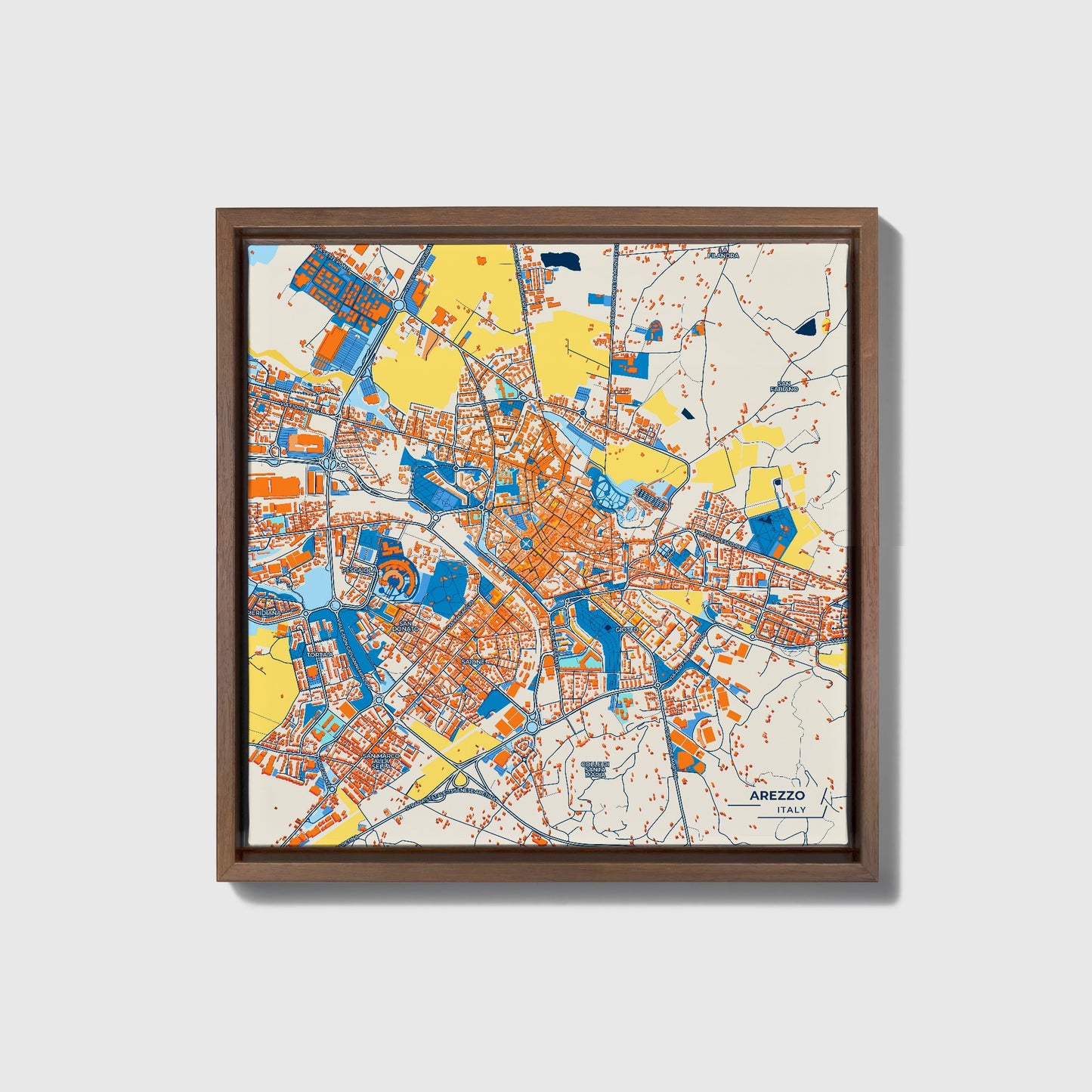Arezzo Italy Colorful City Map Canvas Print • Dark Wooden Framed