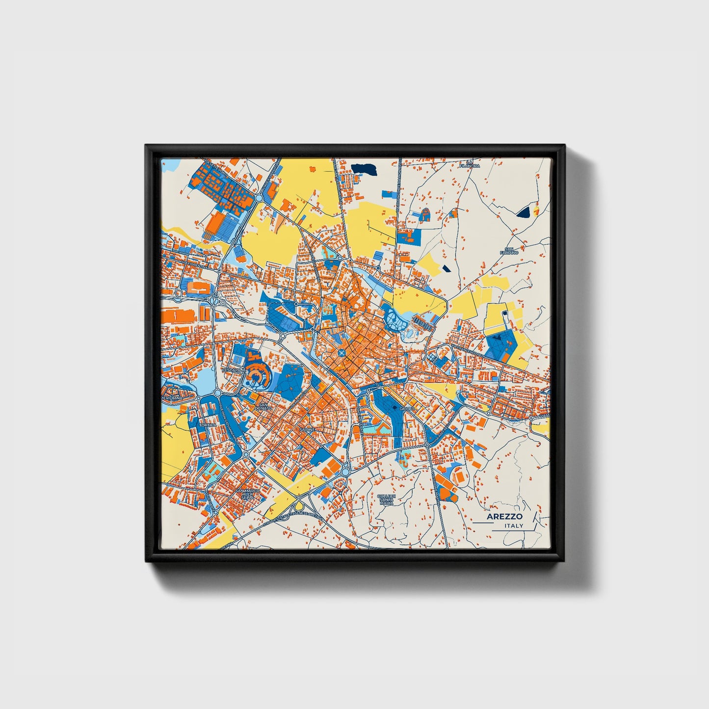 Arezzo Italy Colorful City Map Canvas Print • Black Framed