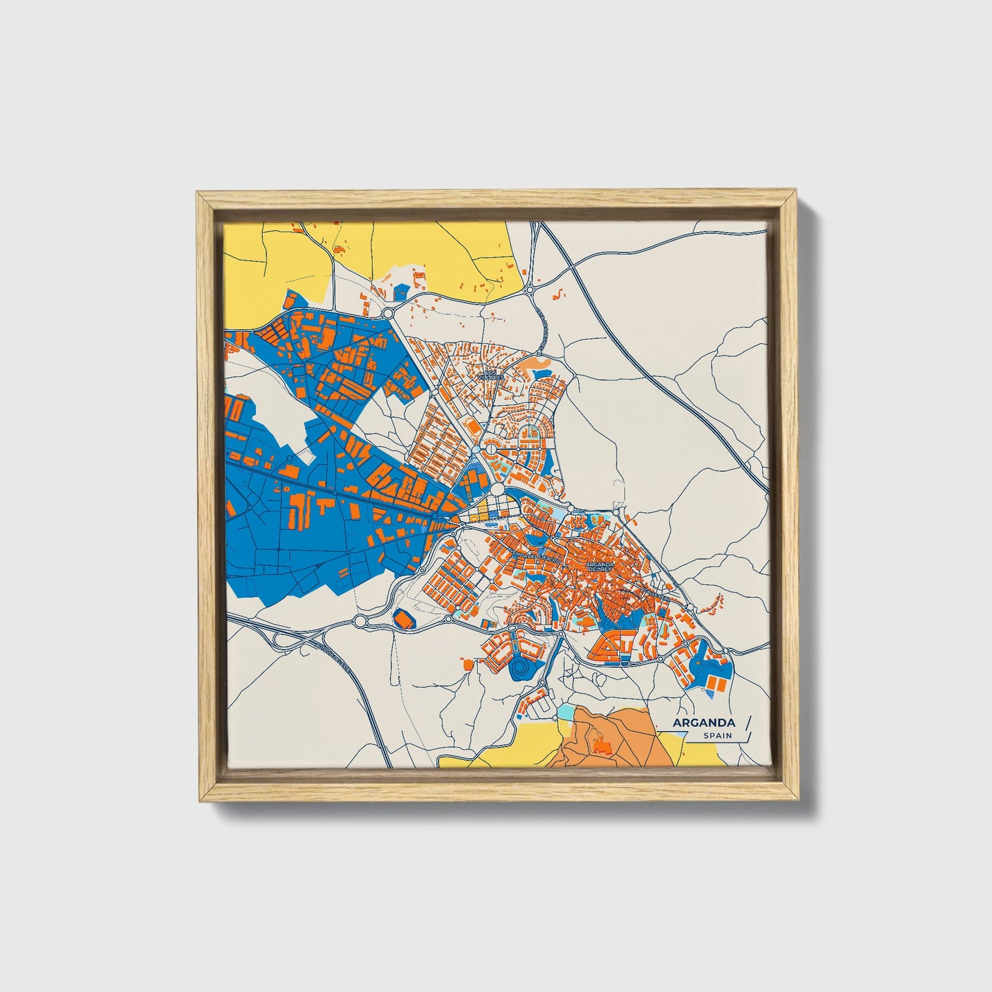 Arganda Spain Colorful City Map Canvas Print • Natural Wooden Framed