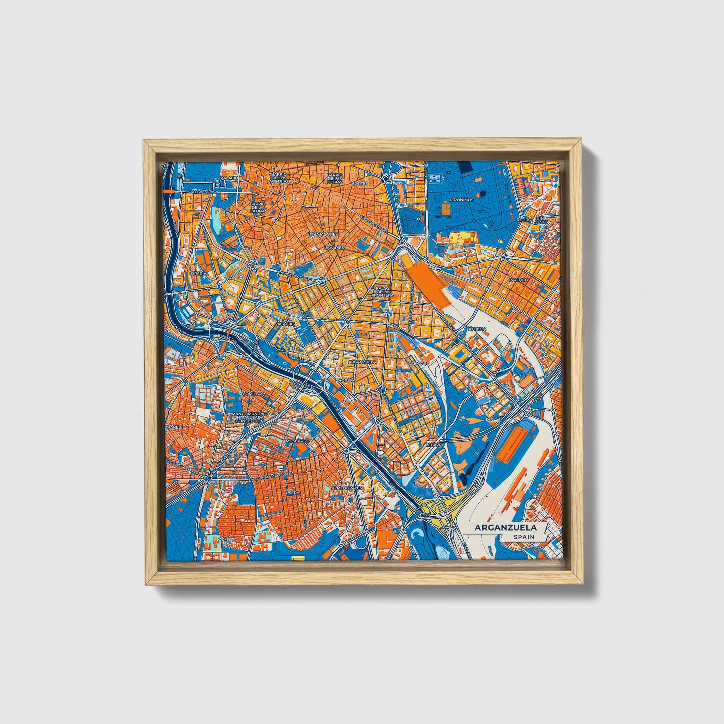 Arganzuela Spain Colorful City Map Canvas Print • Natural Wooden Framed