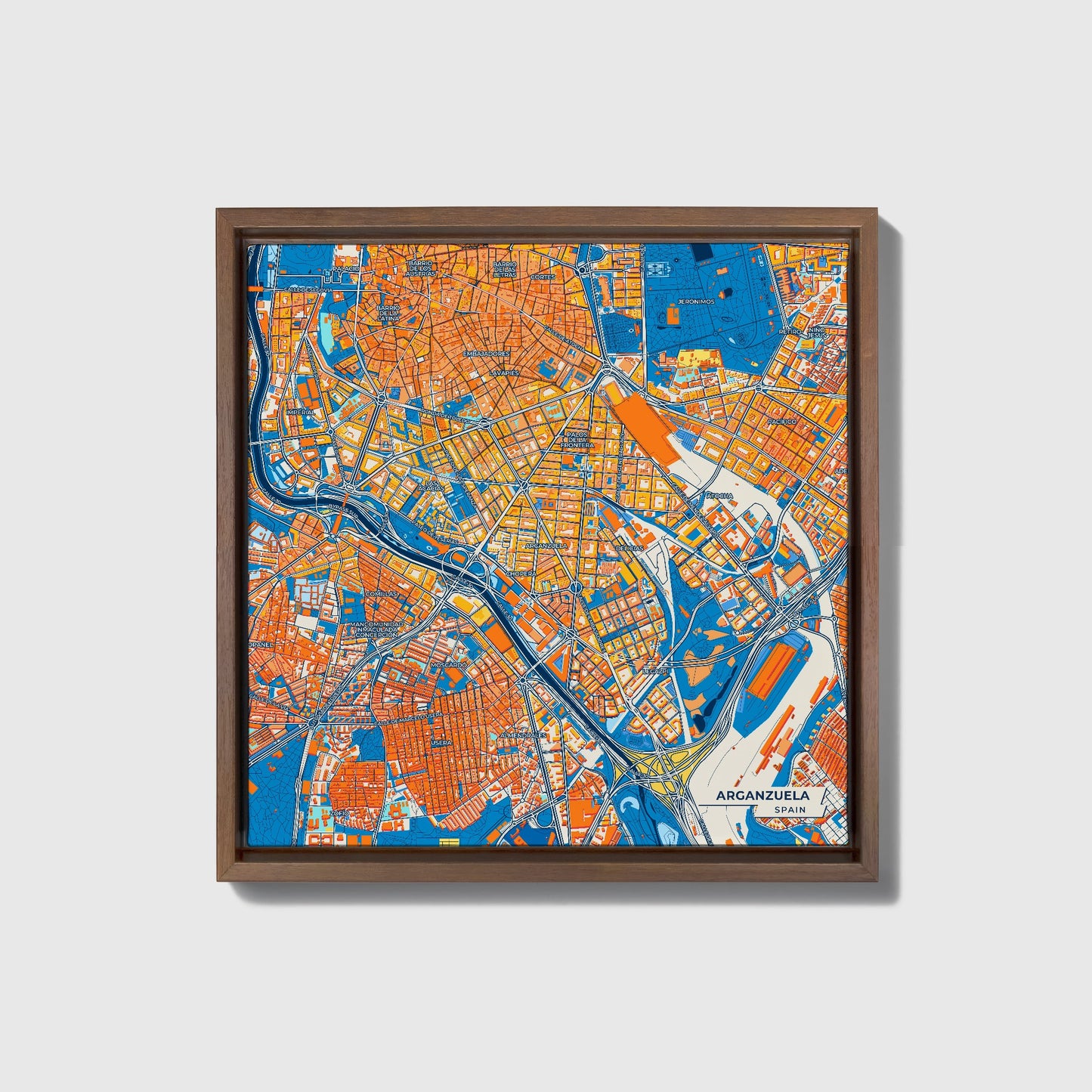 Arganzuela Spain Colorful City Map Canvas Print • Dark Wooden Framed