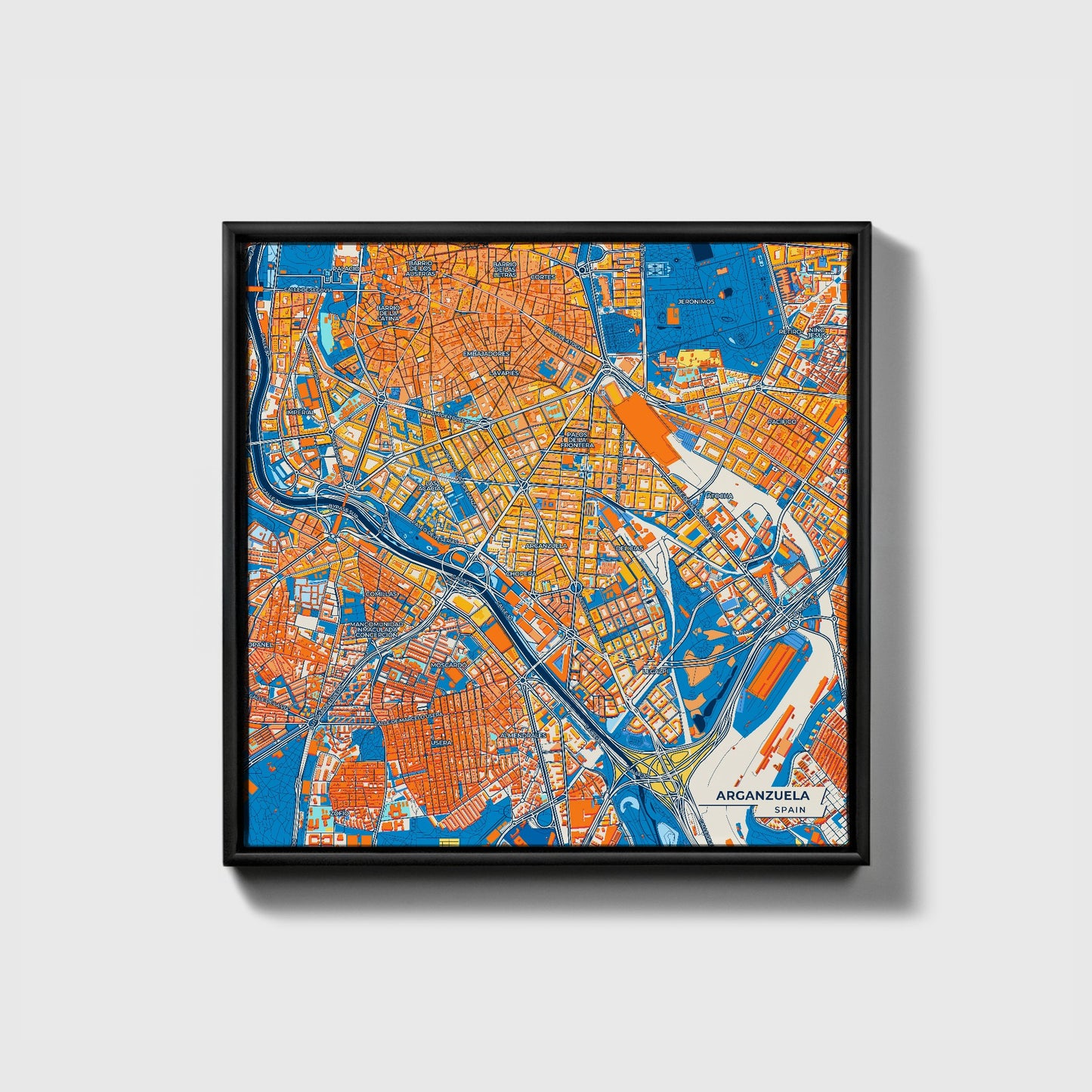 Arganzuela Spain Colorful City Map Canvas Print • Black Framed