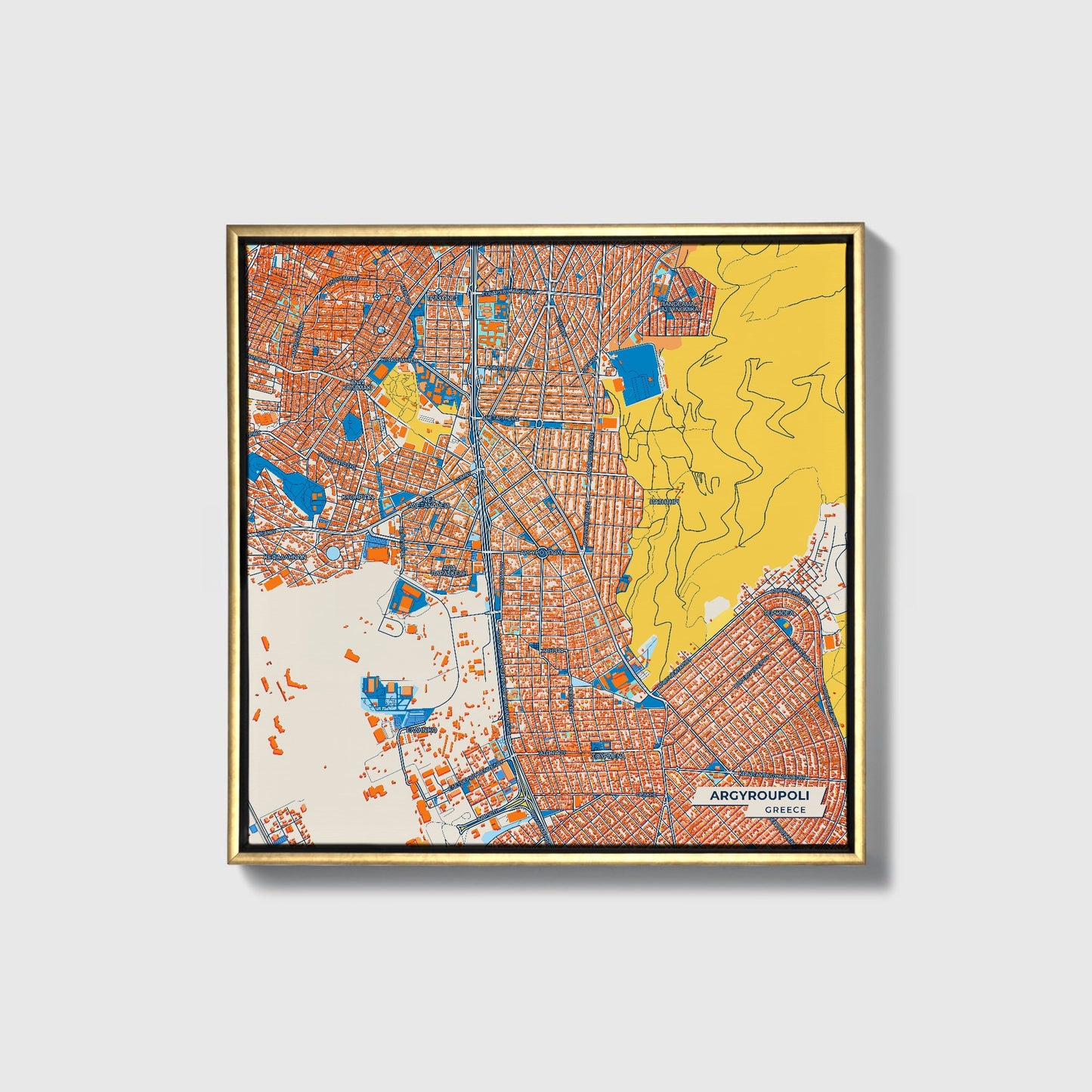 Αργυρουπολη Greece Colorful City Map Canvas Print • Gold Framed