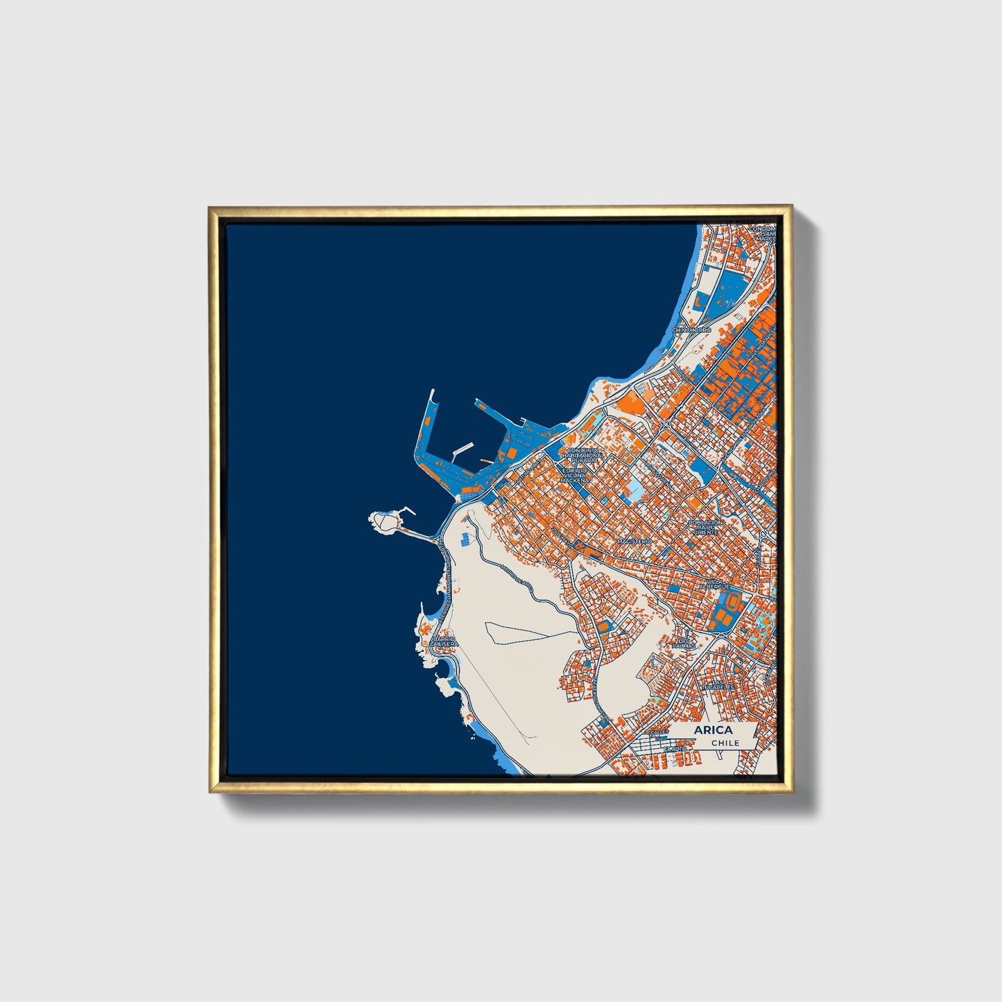 Arica Chile Colorful City Map Canvas Print • Gold Framed