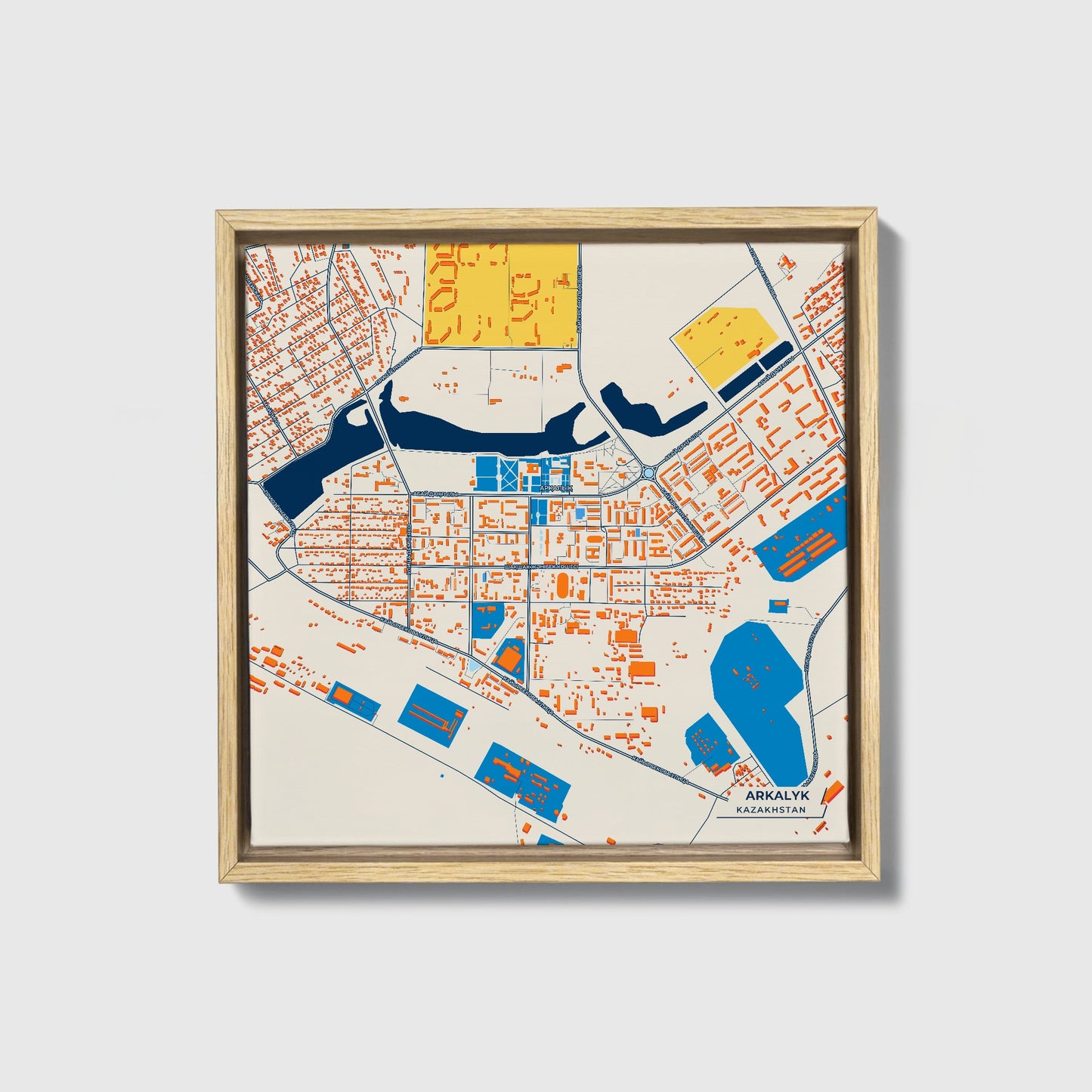 Arkalyk Kazakhstan Colorful City Map Canvas Print • Natural Wooden Framed