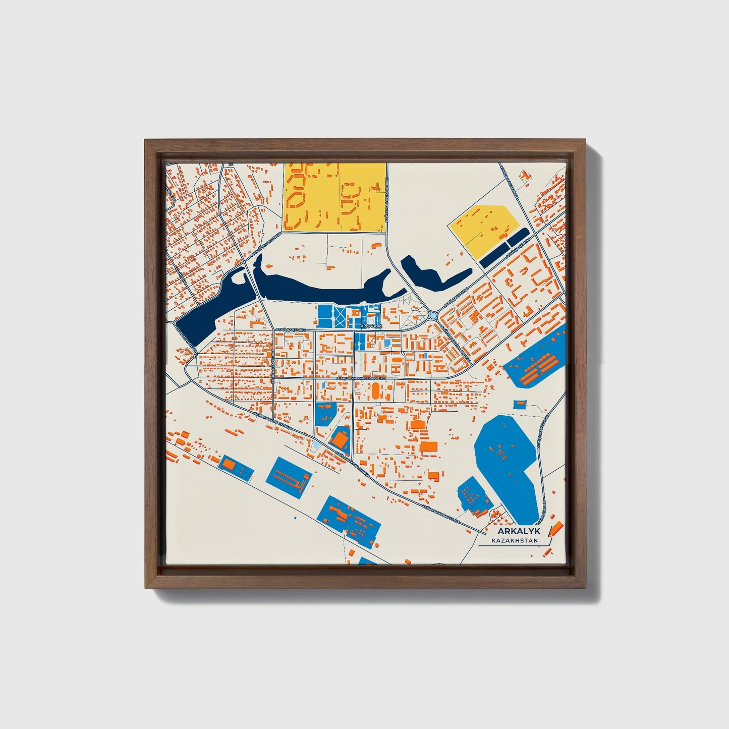 Arkalyk Kazakhstan Colorful City Map Canvas Print • Dark Wooden Framed