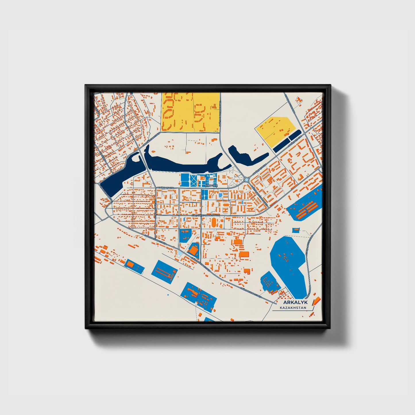 Arkalyk Kazakhstan Colorful City Map Canvas Print • Black Framed