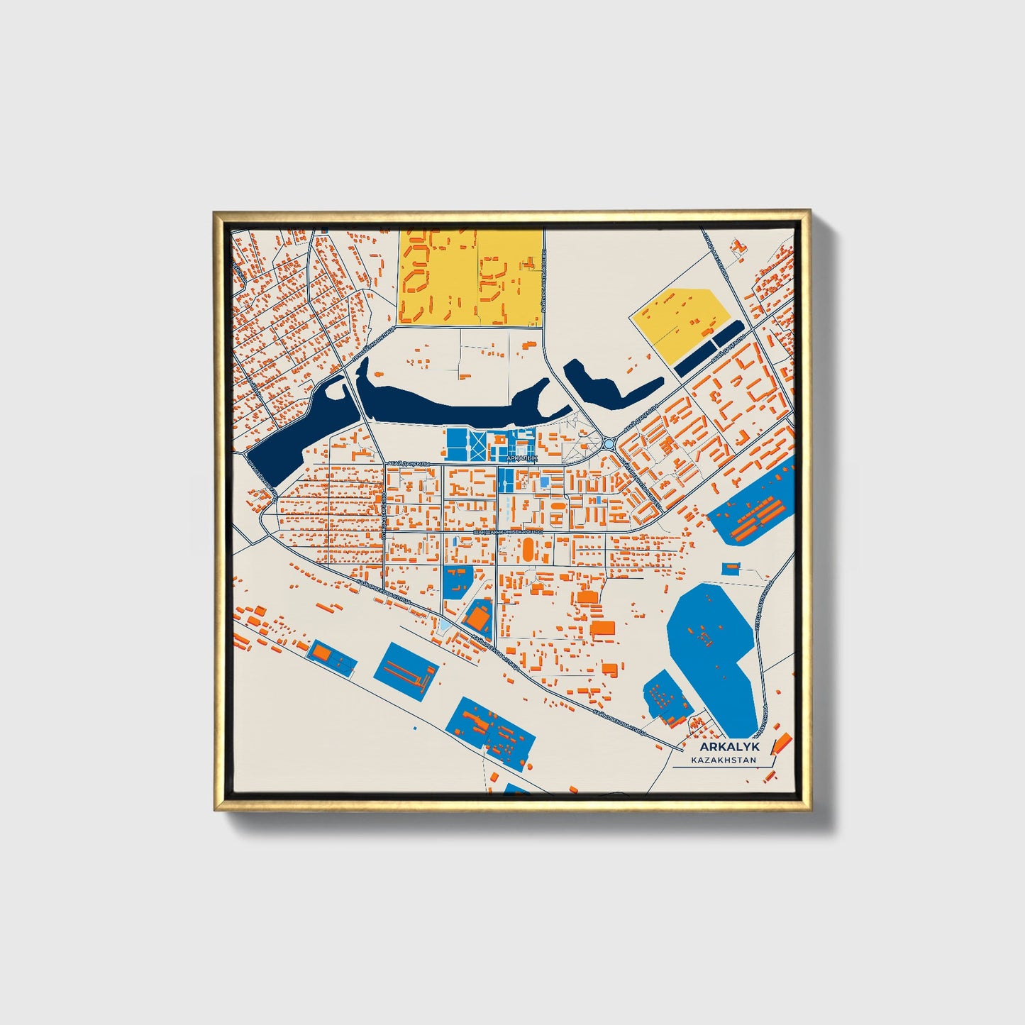 Arkalyk Kazakhstan Colorful City Map Canvas Print • Gold Framed