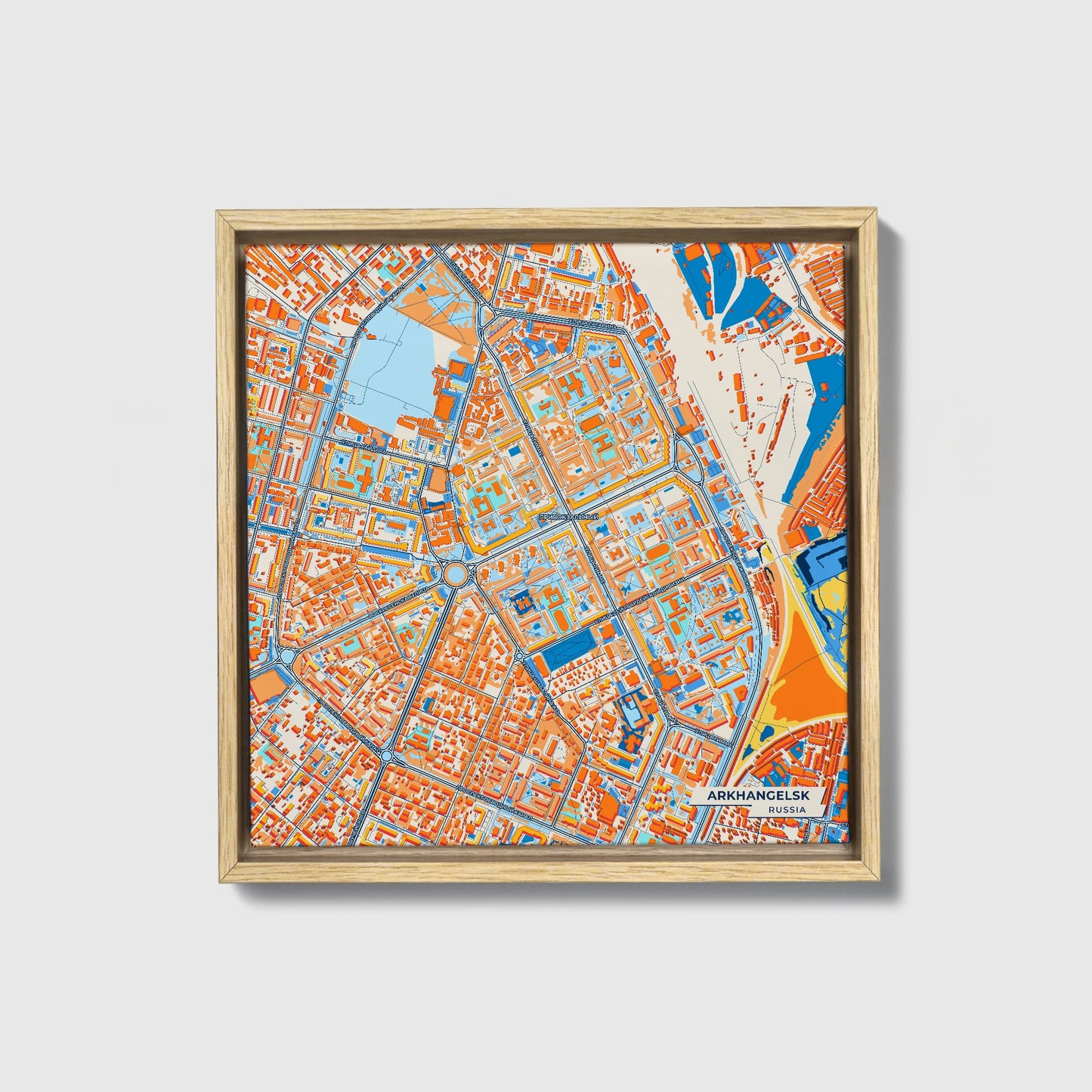 Архангельск Russia Colorful City Map Canvas Print • Natural Wooden Framed