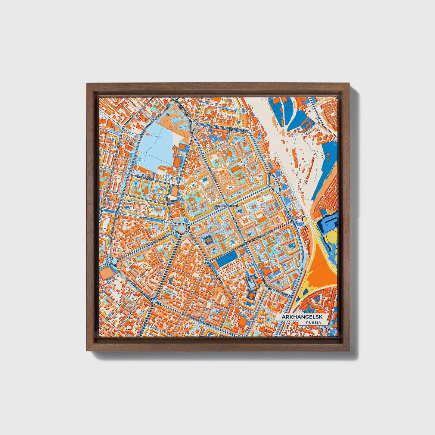 Архангельск Russia Colorful City Map Canvas Print • Dark Wooden Framed