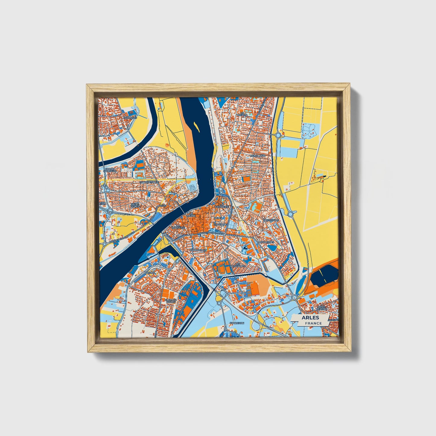 Arles France Colorful City Map Canvas Print • Natural Wooden Framed