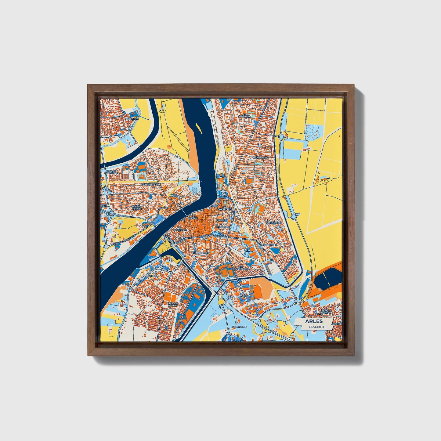 Arles France Colorful City Map Canvas Print • Dark Wooden Framed