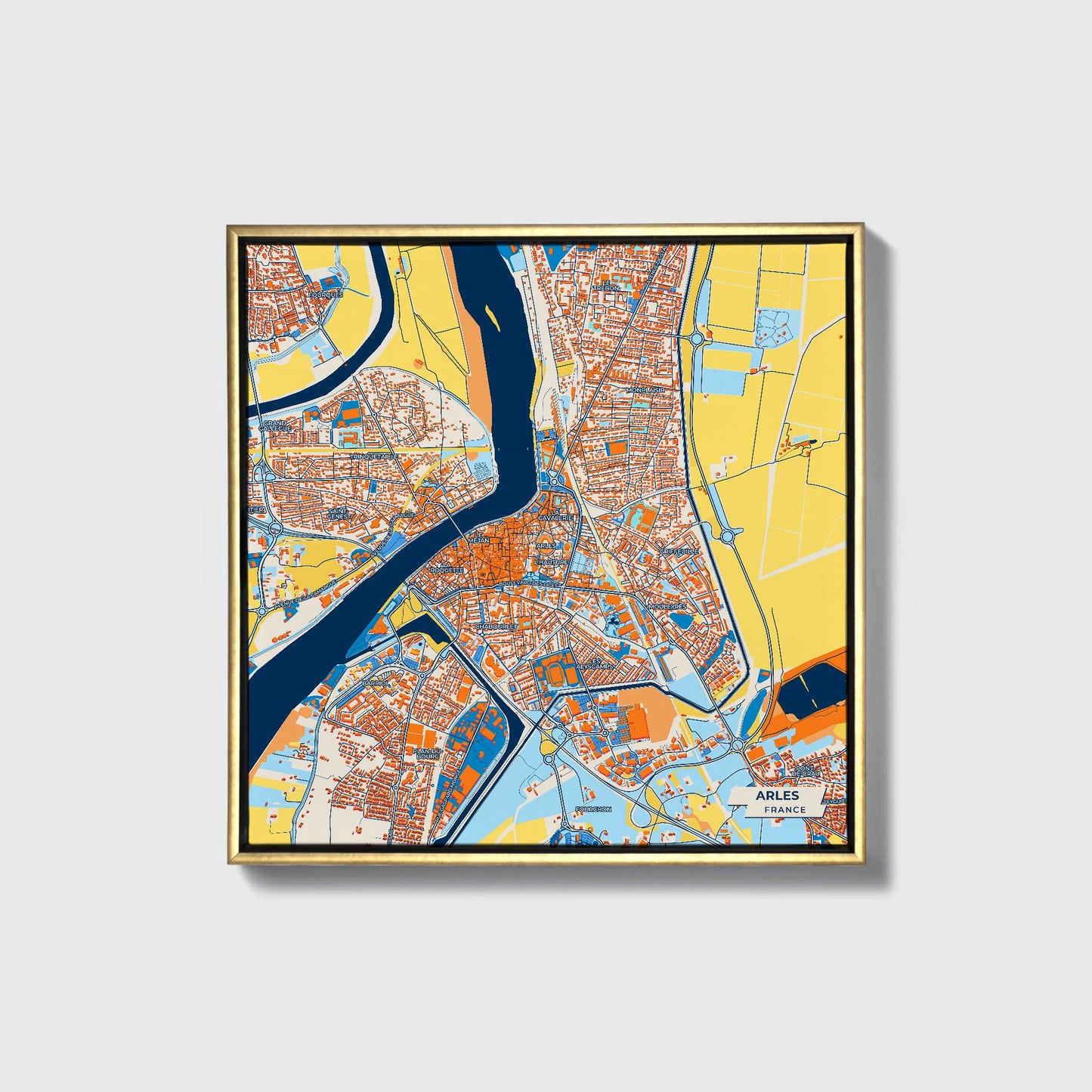 Arles France Colorful City Map Canvas Print • Gold Framed