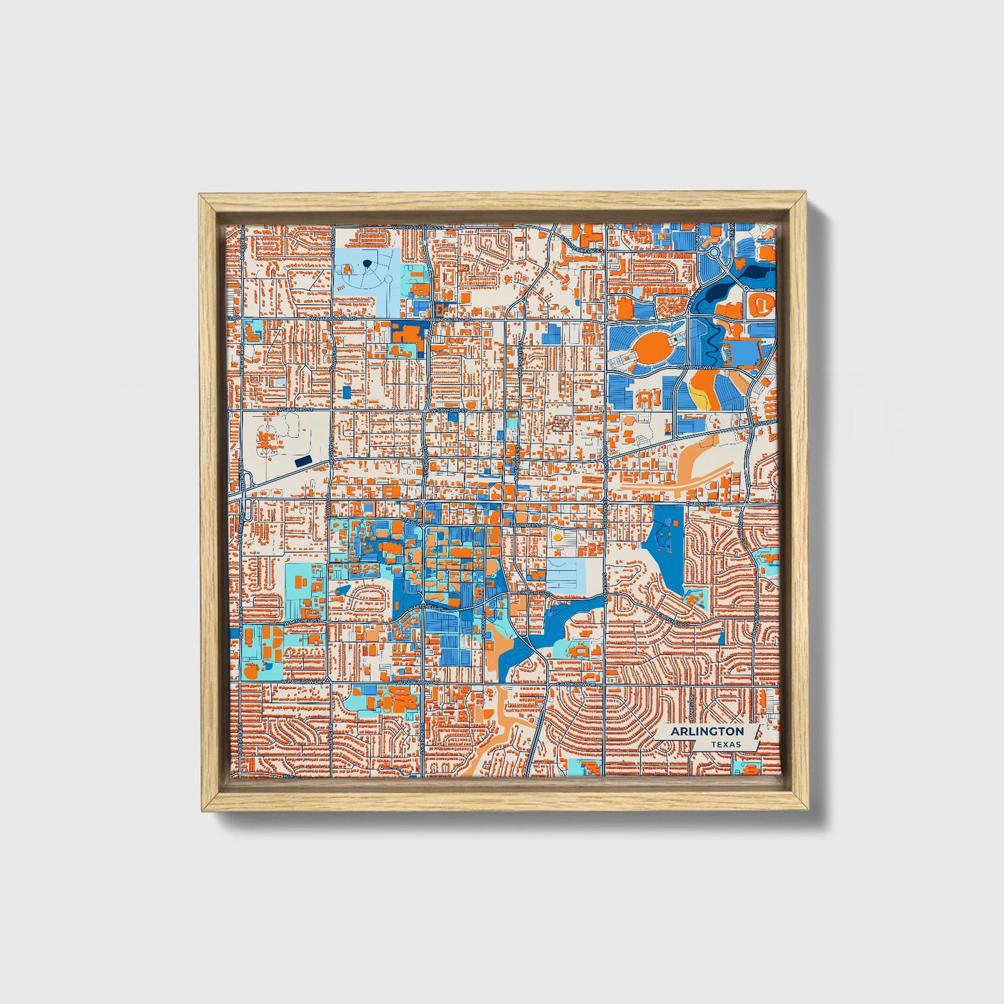 Arlington Texas Colorful City Map Canvas Print • Natural Wooden Framed