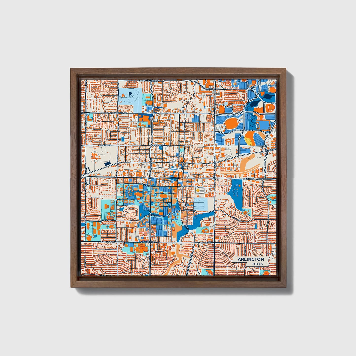Arlington Texas Colorful City Map Canvas Print • Dark Wooden Framed