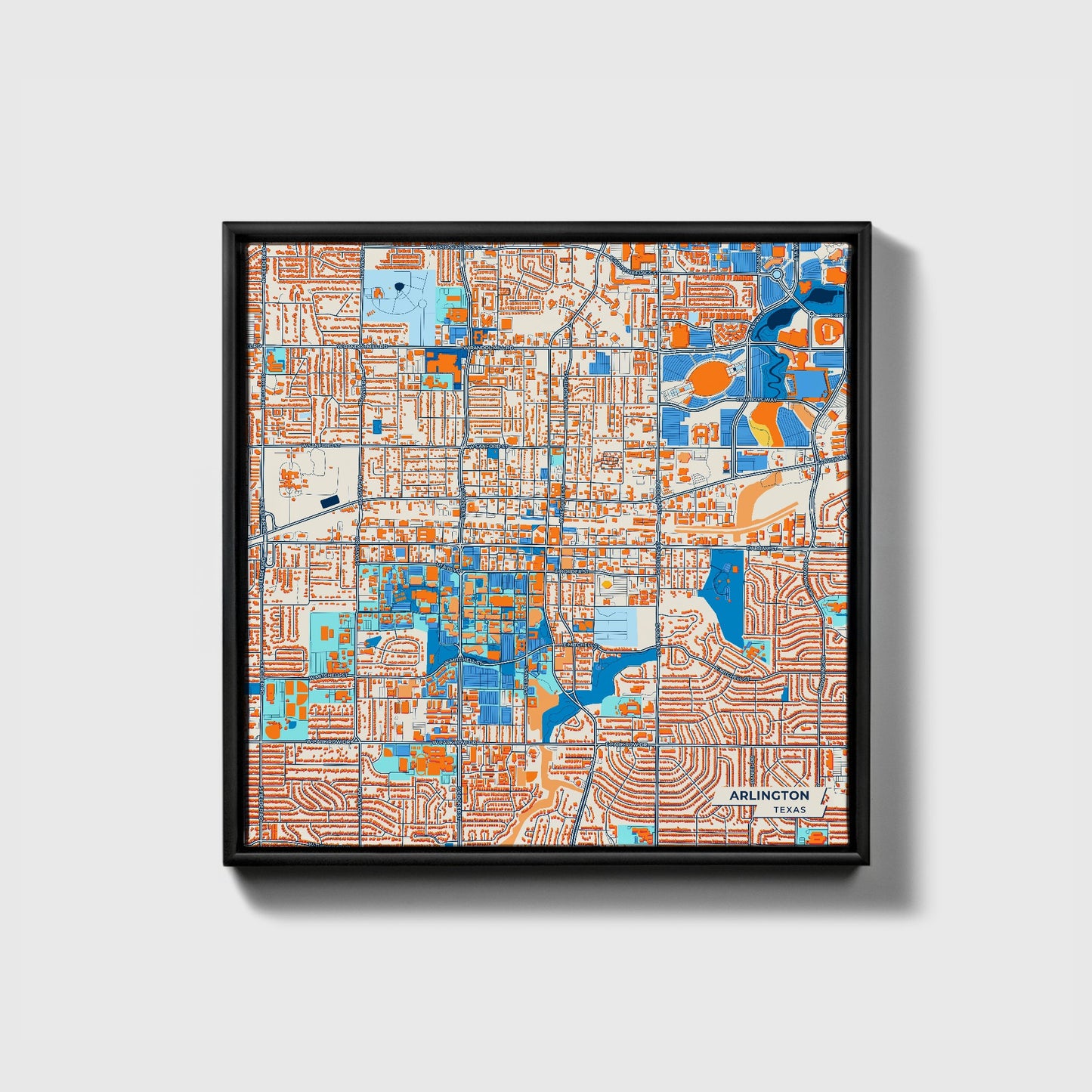 Arlington Texas Colorful City Map Canvas Print • Black Framed