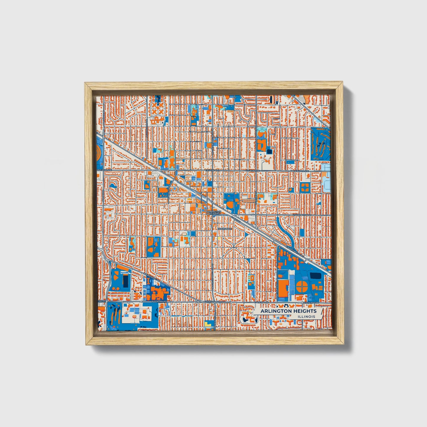 Arlington Heights Illinois Colorful City Map Canvas Print • Natural Wooden Framed