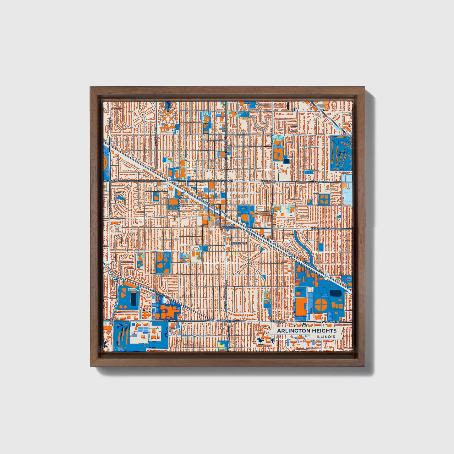 Arlington Heights Illinois Colorful City Map Canvas Print • Dark Wooden Framed