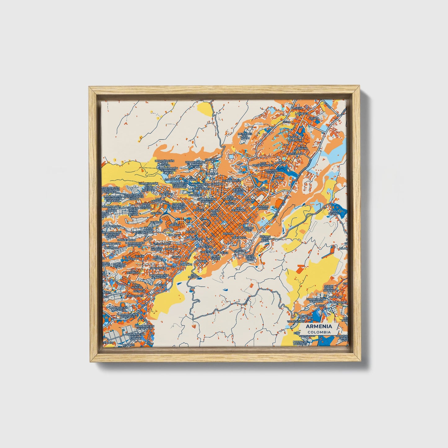 Armenia Colombia Colorful City Map Canvas Print • Natural Wooden Framed