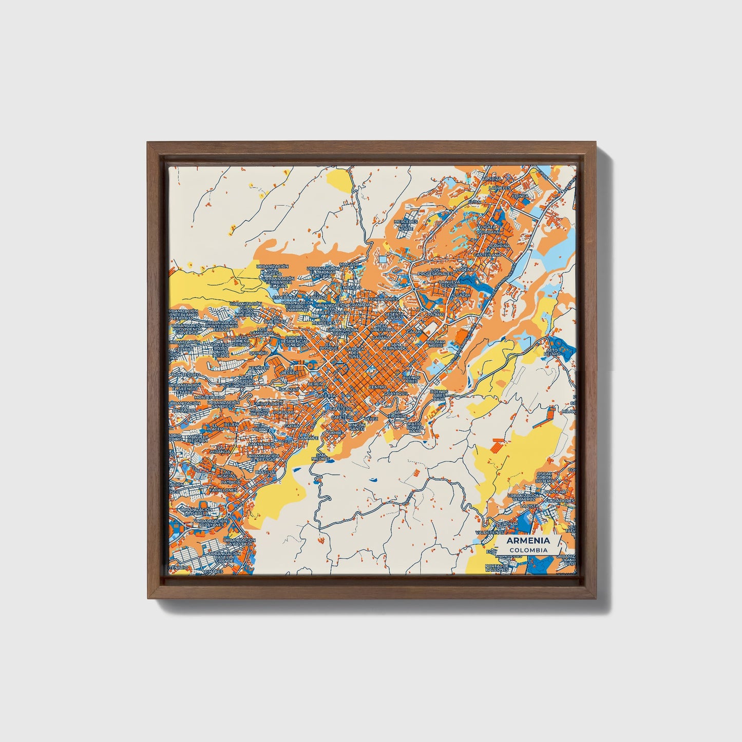 Armenia Colombia Colorful City Map Canvas Print • Dark Wooden Framed