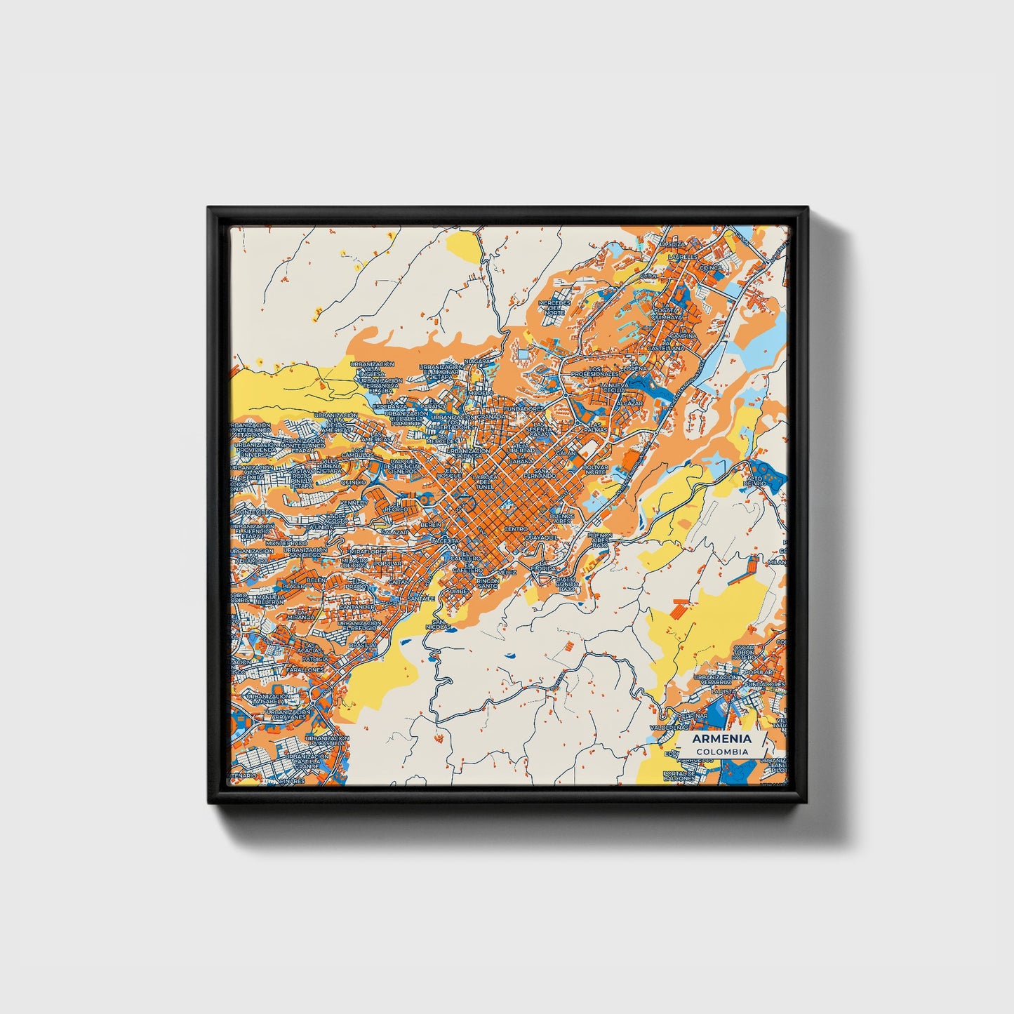 Armenia Colombia Colorful City Map Canvas Print • Black Framed