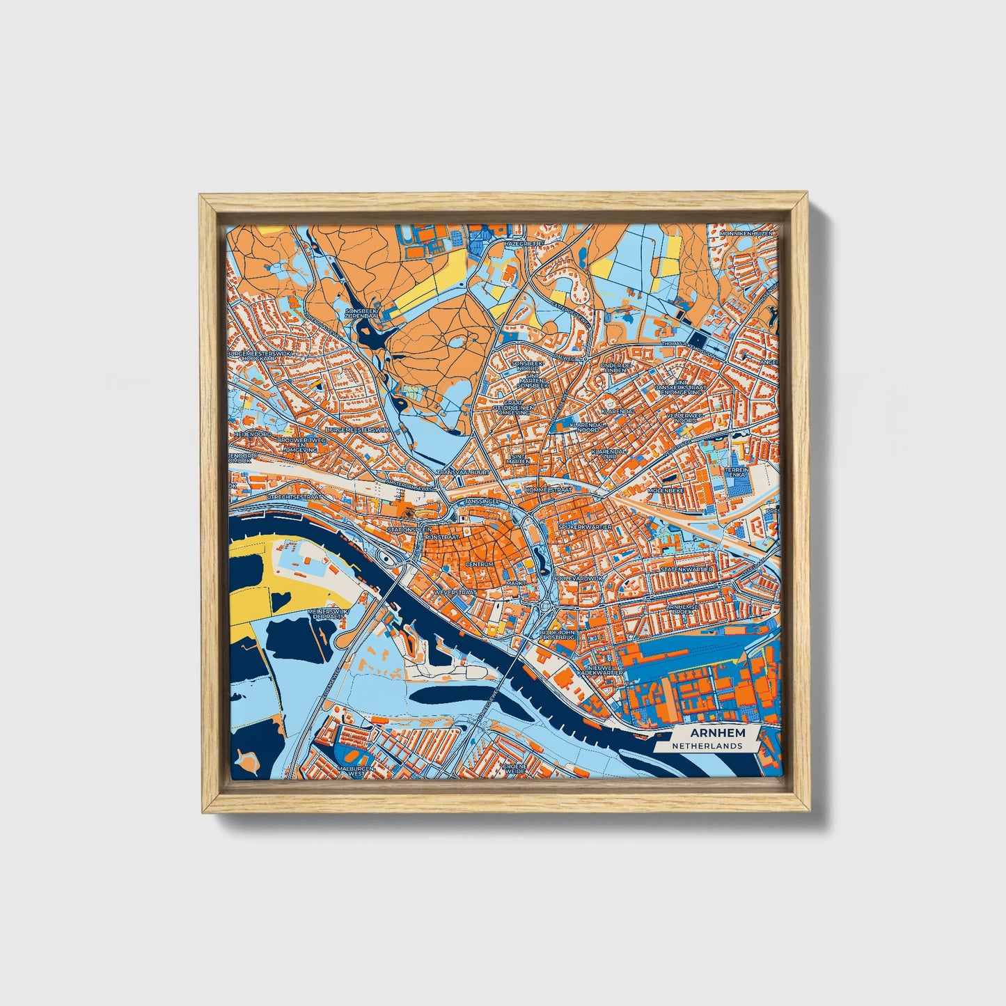 Arnhem Netherlands Colorful City Map Canvas Print • Natural Wooden Framed