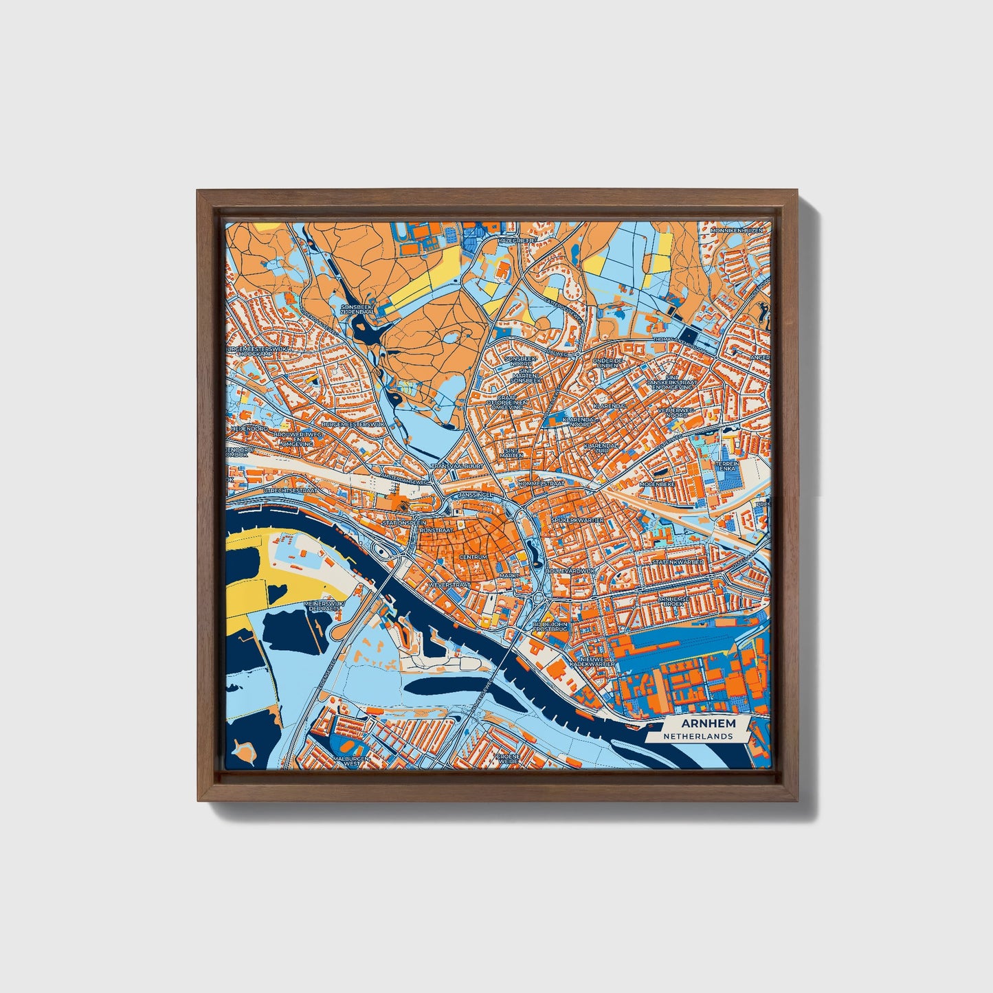 Arnhem Netherlands Colorful City Map Canvas Print • Dark Wooden Framed