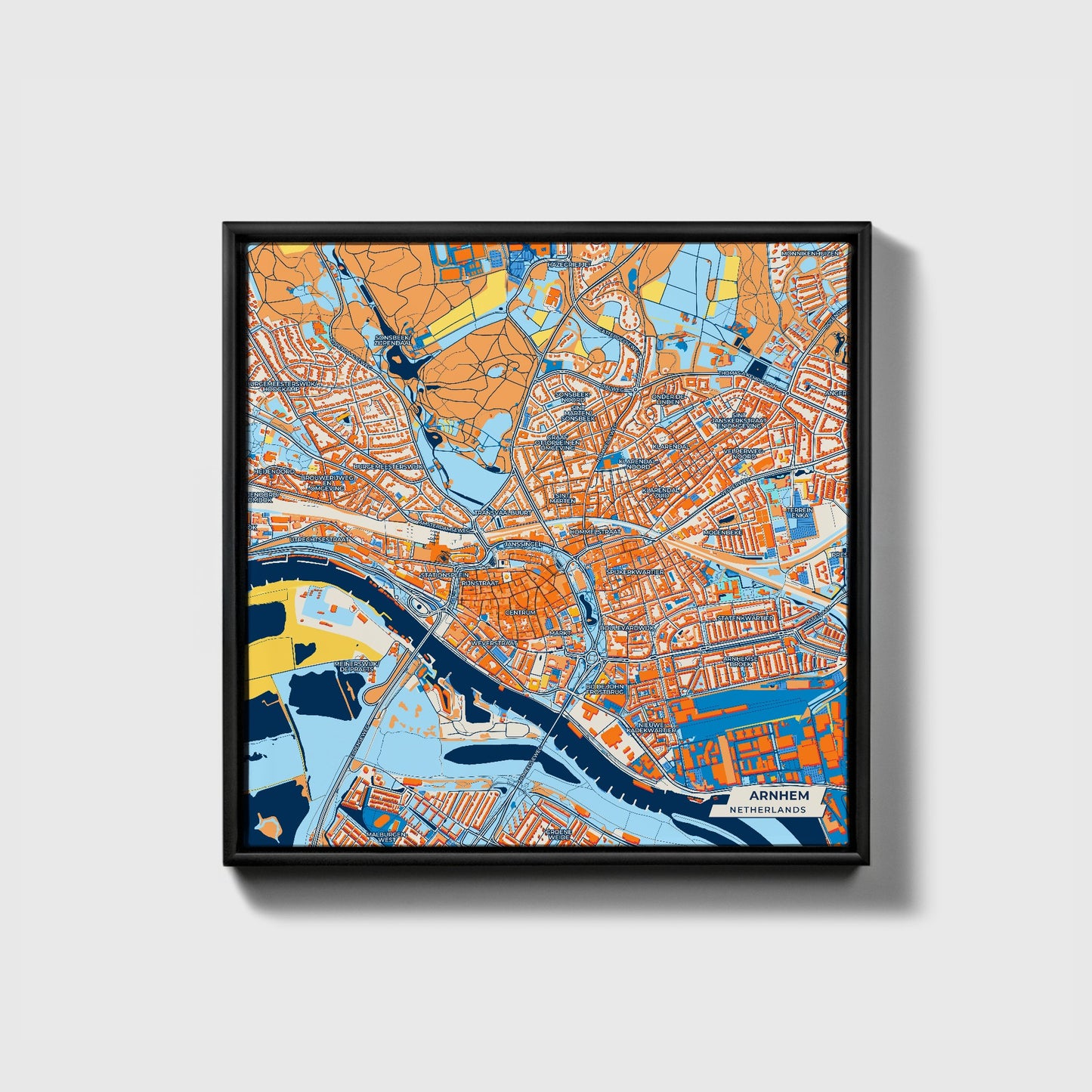 Arnhem Netherlands Colorful City Map Canvas Print • Black Framed
