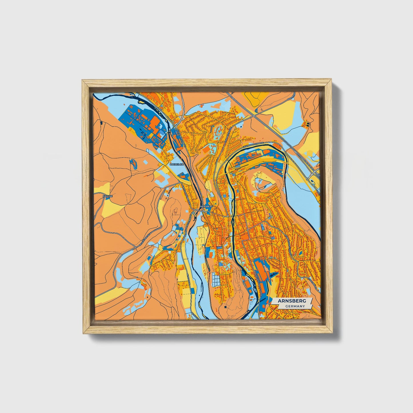 Arnsberg Germany Colorful City Map Canvas Print • Natural Wooden Framed