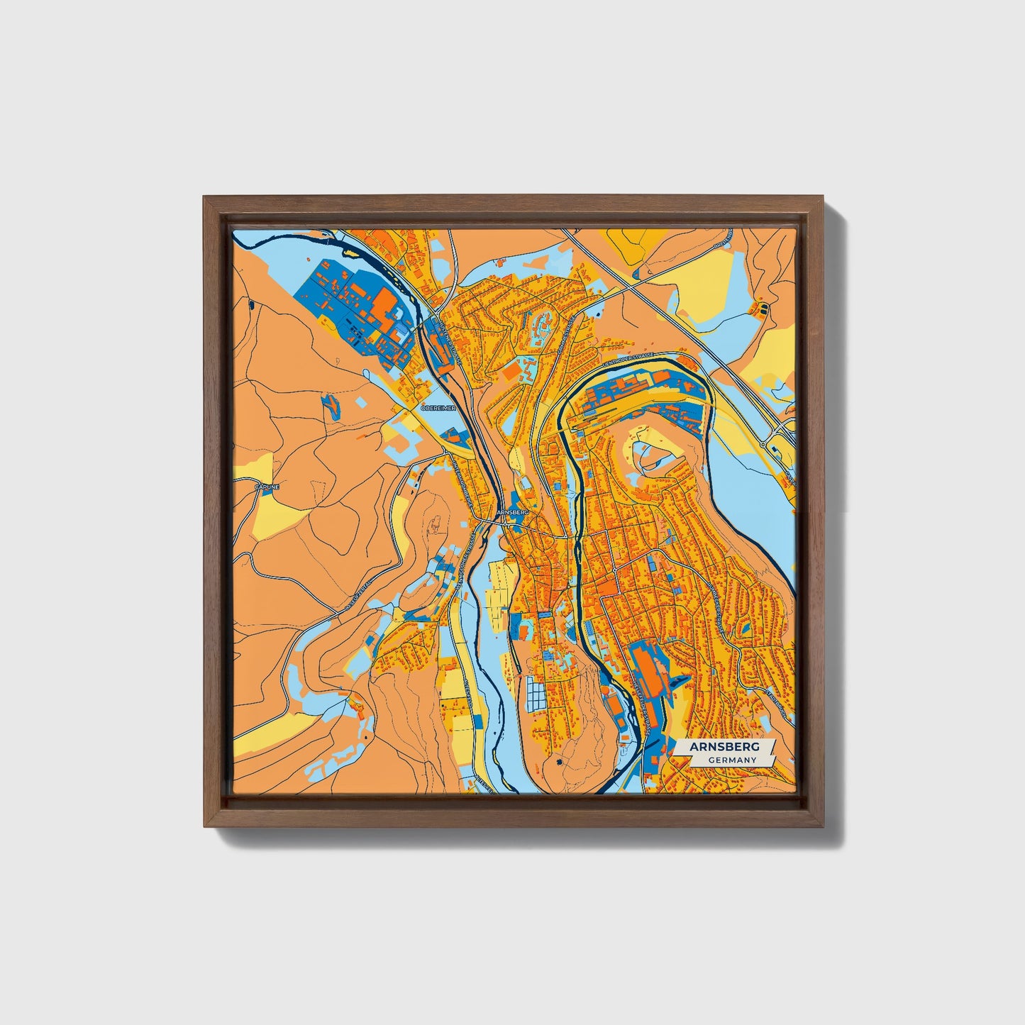 Arnsberg Germany Colorful City Map Canvas Print • Dark Wooden Framed