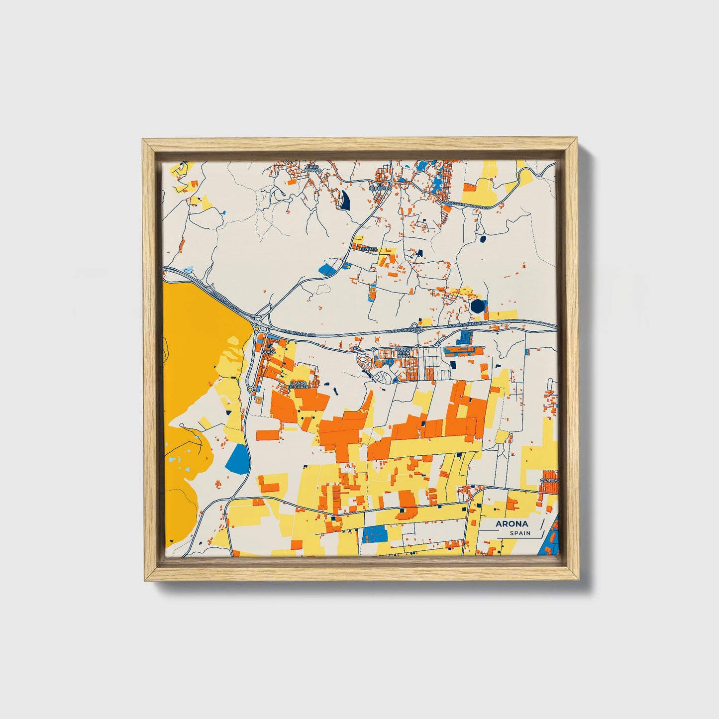 Arona Spain Colorful City Map Canvas Print • Natural Wooden Framed