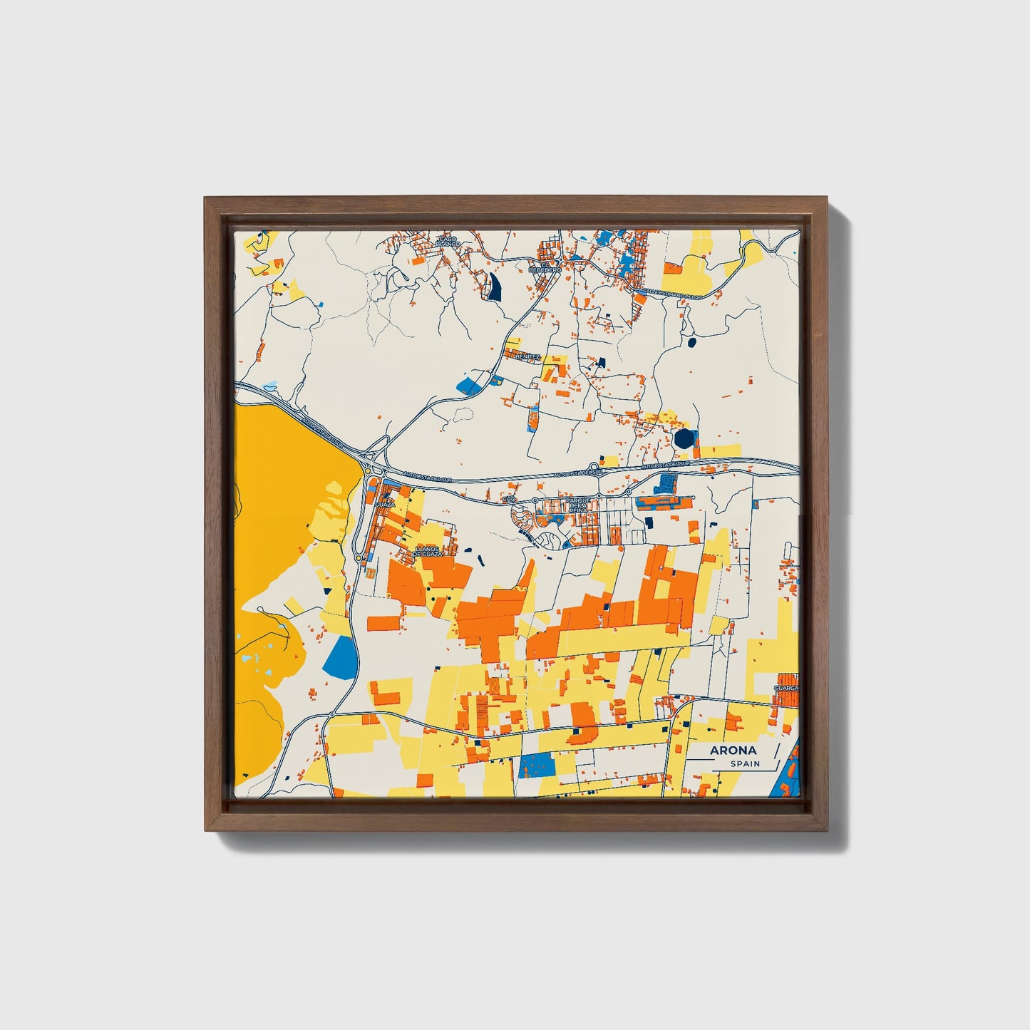 Arona Spain Colorful City Map Canvas Print • Dark Wooden Framed