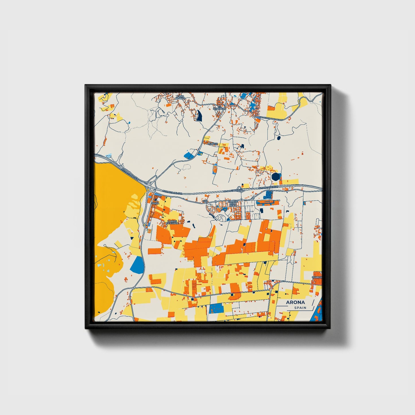 Arona Spain Colorful City Map Canvas Print • Black Framed
