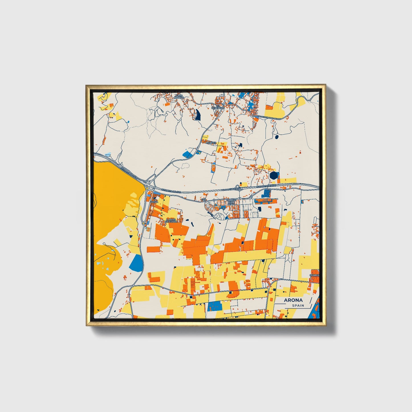 Arona Spain Colorful City Map Canvas Print • Gold Framed