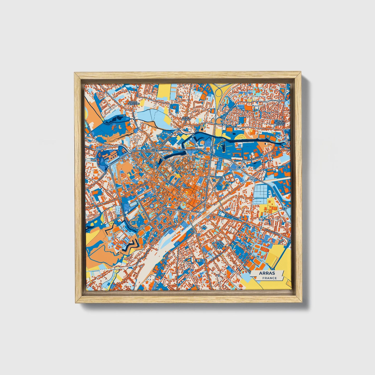 Arras France Colorful City Map Canvas Print • Natural Wooden Framed