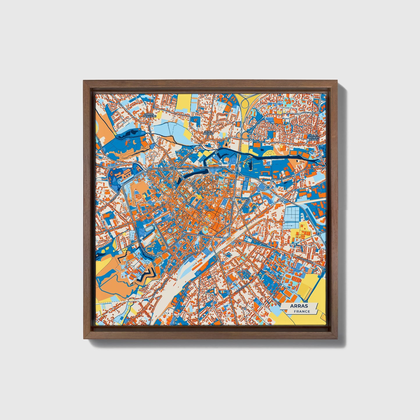 Arras France Colorful City Map Canvas Print • Dark Wooden Framed