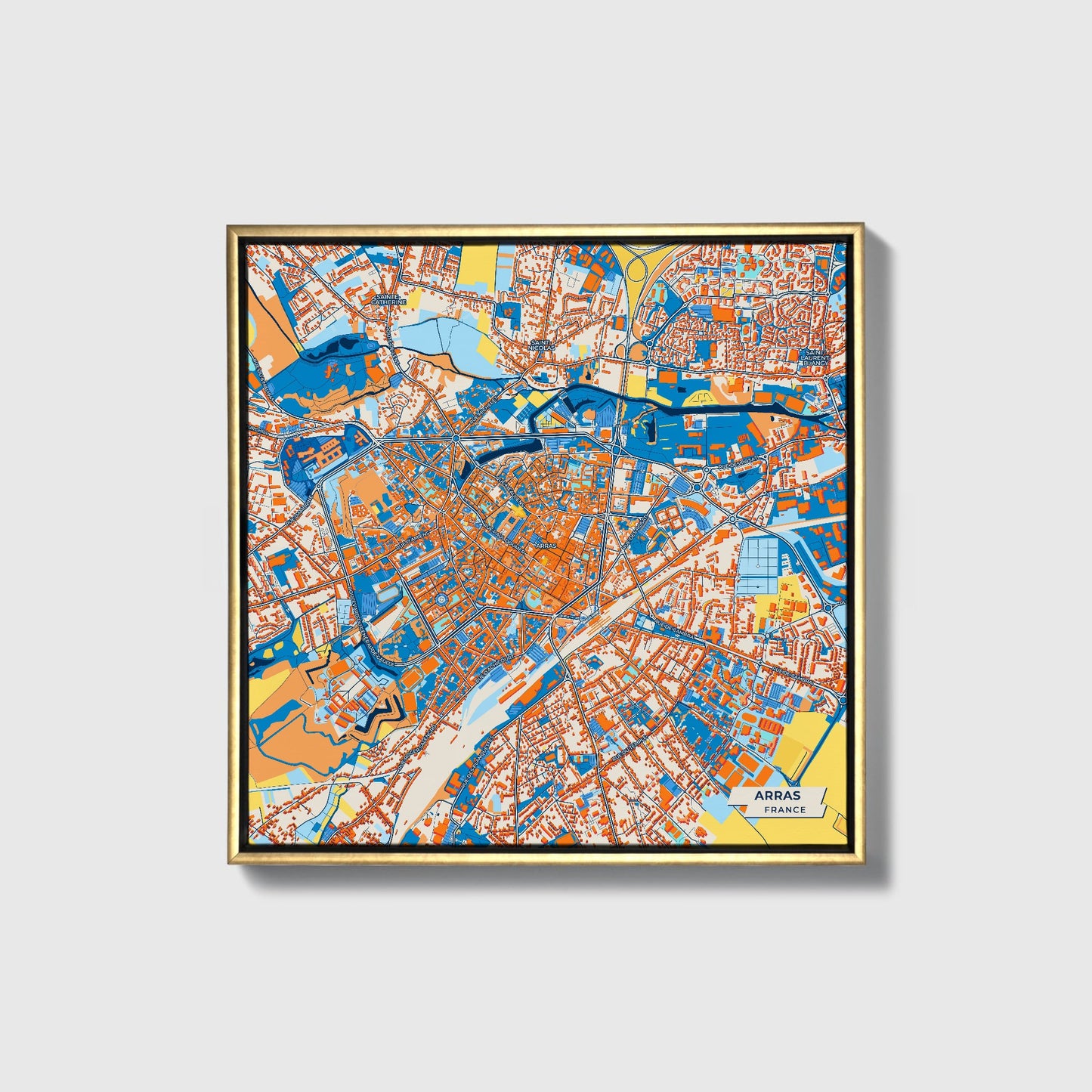 Arras France Colorful City Map Canvas Print • Gold Framed