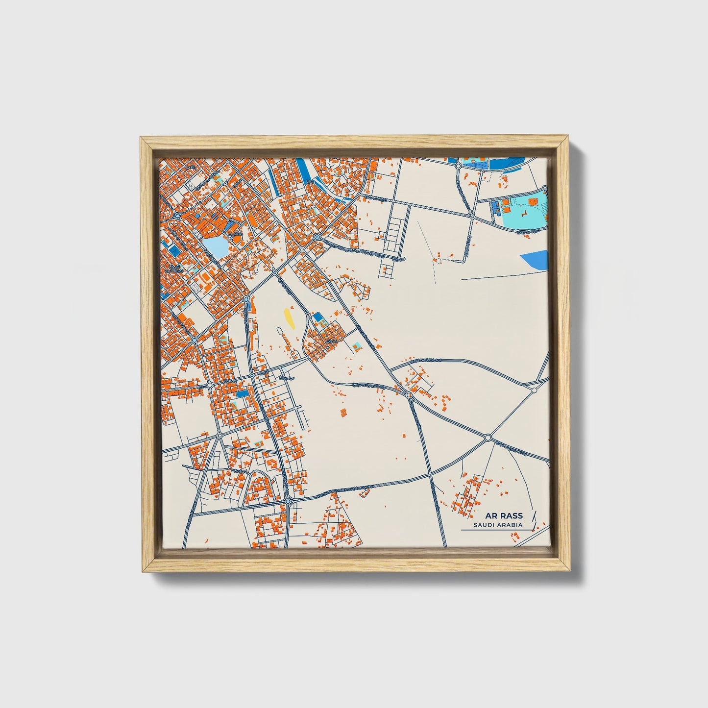Ar Rass Saudi Arabia Colorful City Map Canvas Print • Natural Wooden Framed
