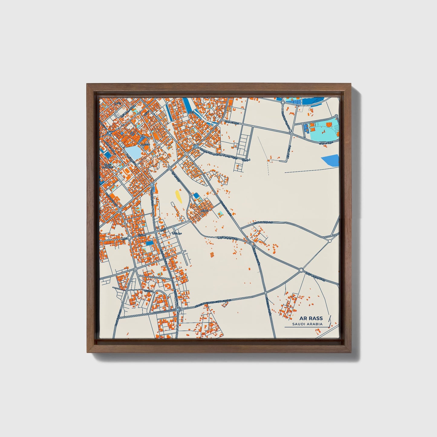 Ar Rass Saudi Arabia Colorful City Map Canvas Print • Dark Wooden Framed