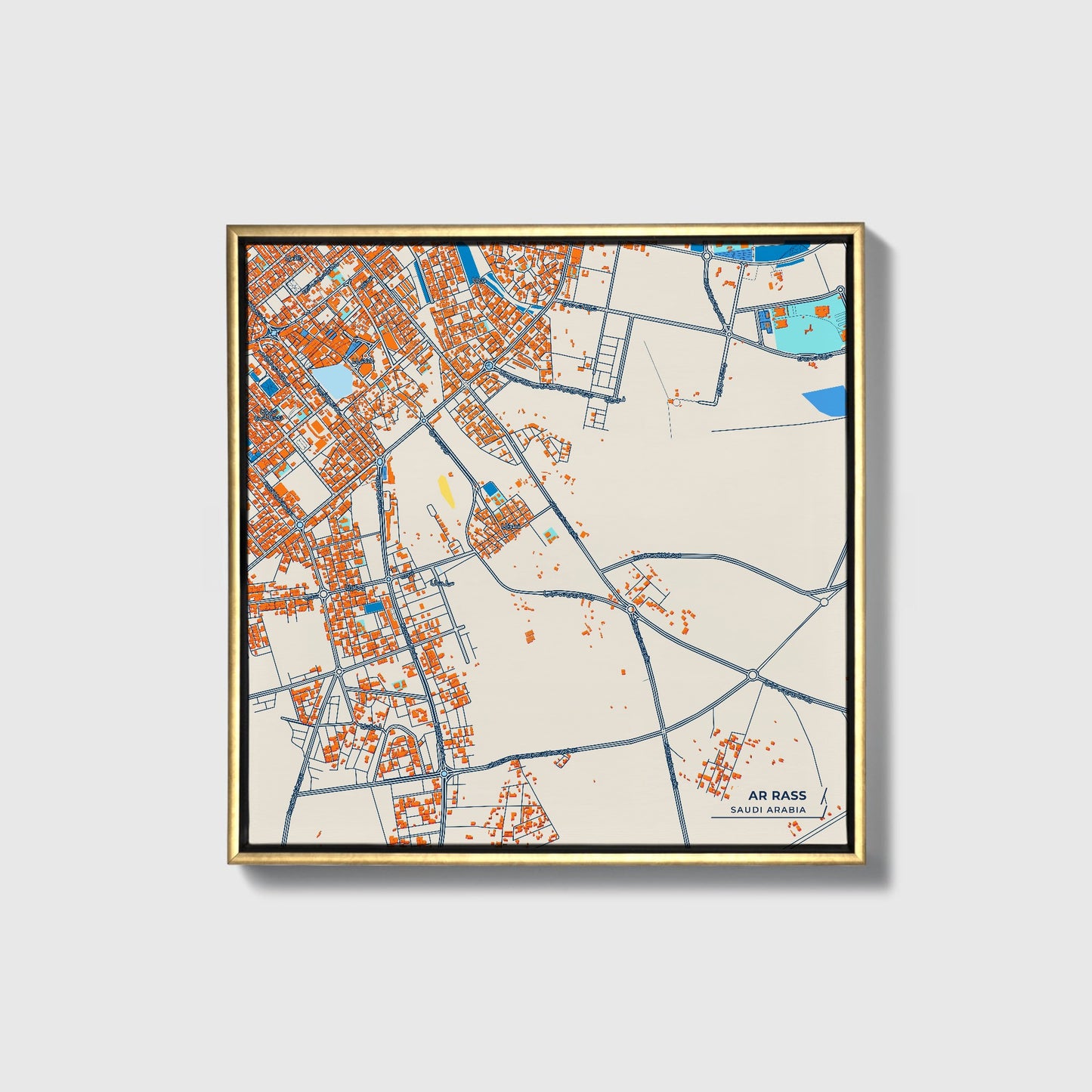 Ar Rass Saudi Arabia Colorful City Map Canvas Print • Gold Framed