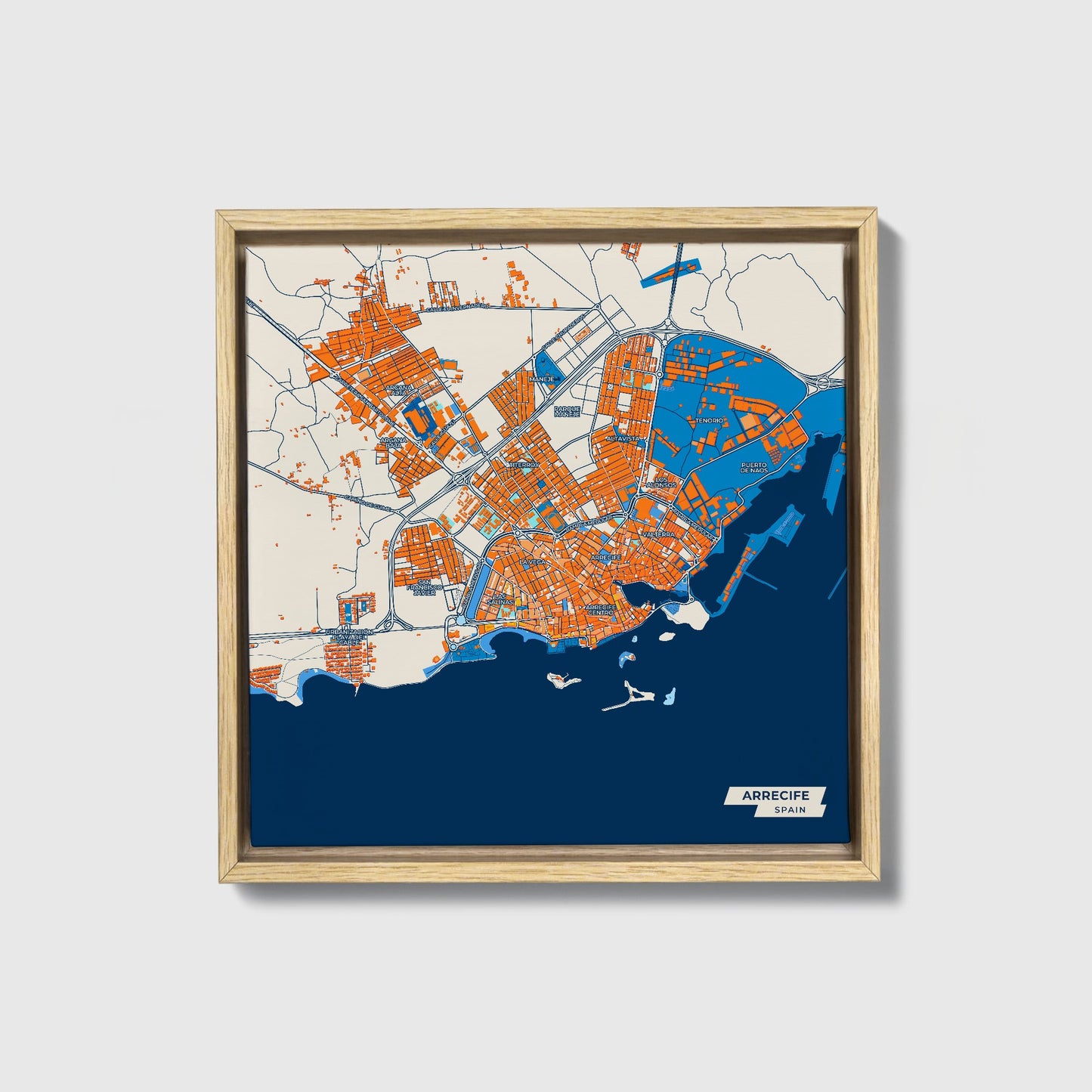 Arrecife Spain Colorful City Map Canvas Print • Natural Wooden Framed