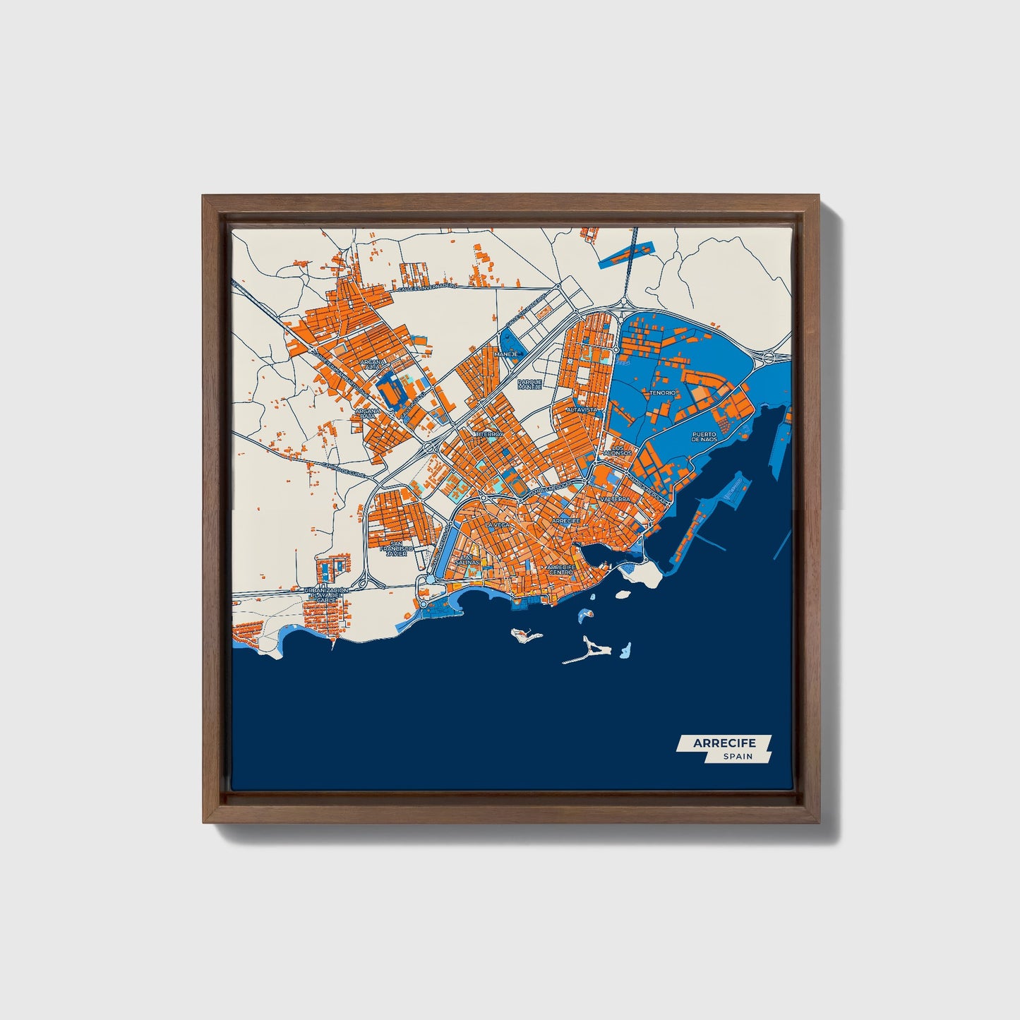 Arrecife Spain Colorful City Map Canvas Print • Dark Wooden Framed