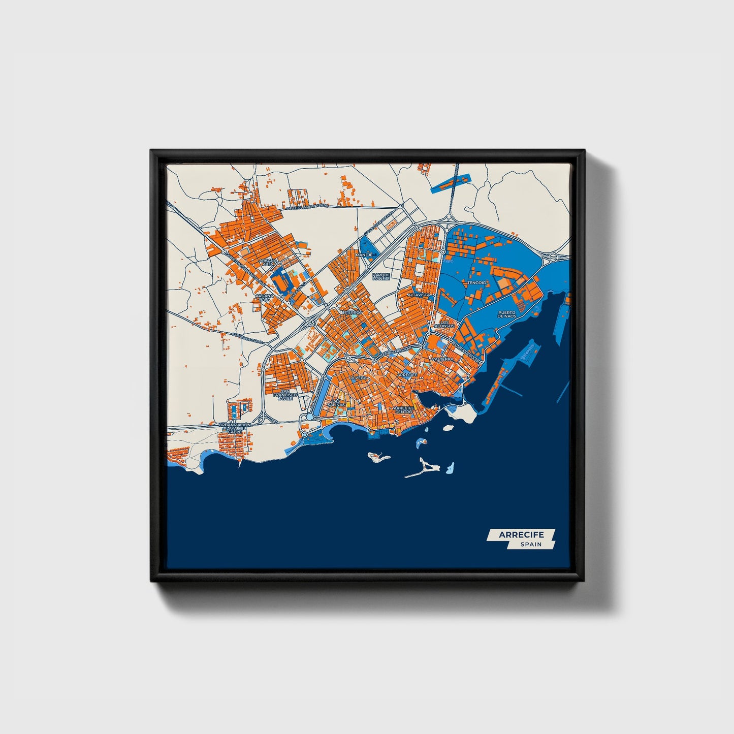 Arrecife Spain Colorful City Map Canvas Print • Black Framed