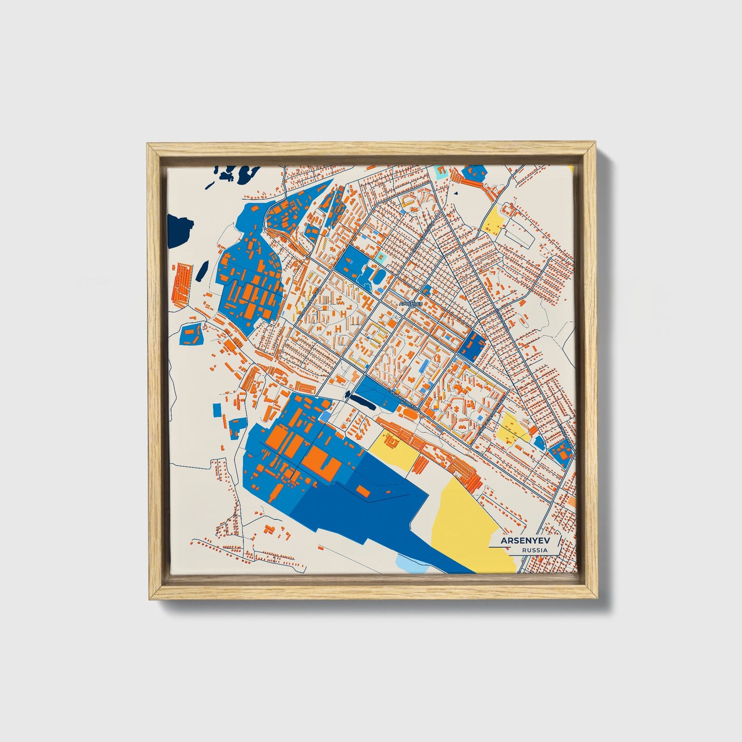 Арсеньев Russia Colorful City Map Canvas Print • Natural Wooden Framed