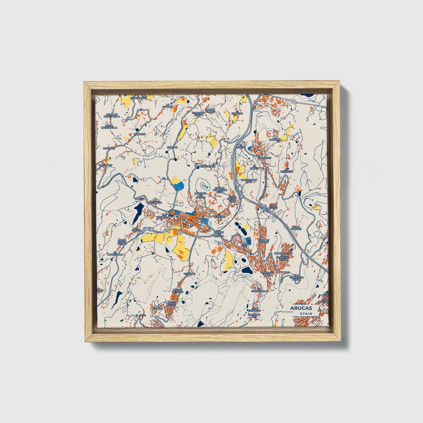 Arucas Spain Colorful City Map Canvas Print • Natural Wooden Framed