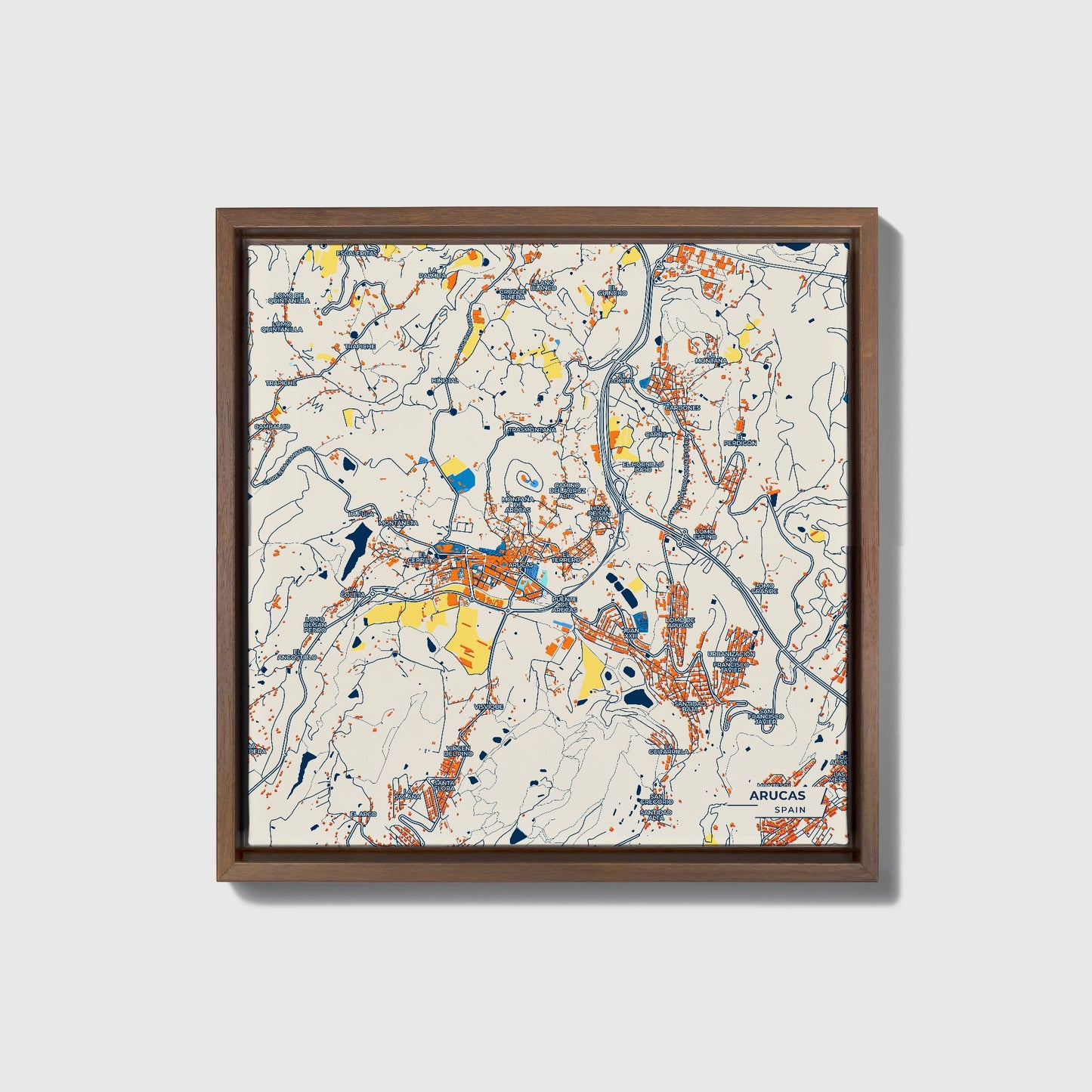 Arucas Spain Colorful City Map Canvas Print • Dark Wooden Framed