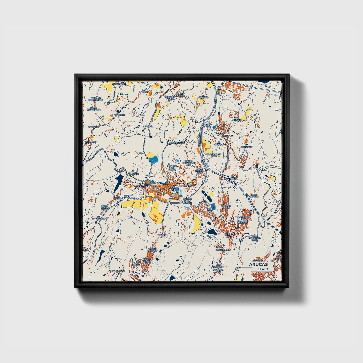 Arucas Spain Colorful City Map Canvas Print • Black Framed