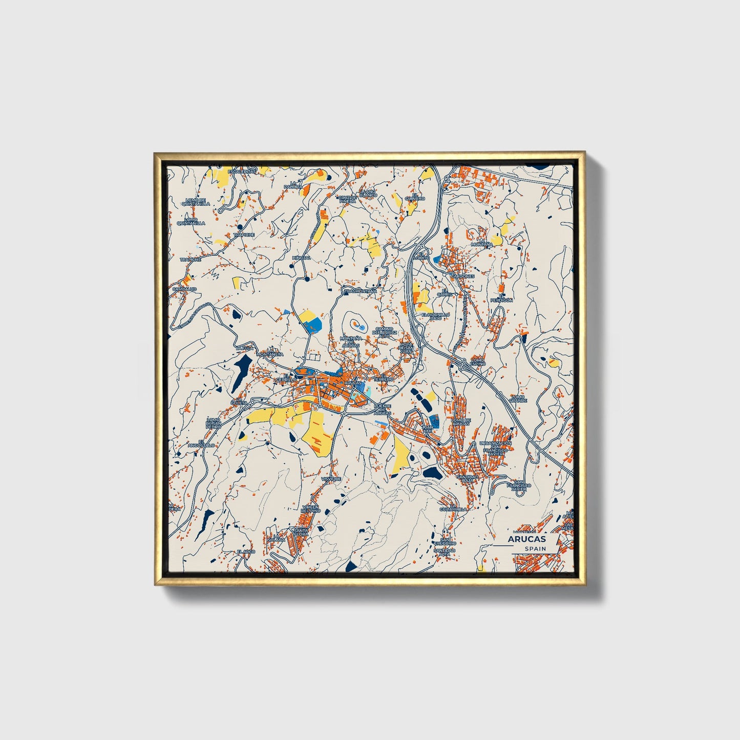 Arucas Spain Colorful City Map Canvas Print • Gold Framed