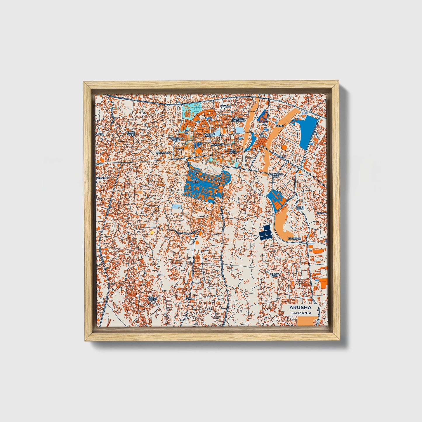 Arusha Tanzania Colorful City Map Canvas Print • Natural Wooden Framed